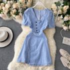V-neck Short-sleeve Asymmetrical Denim Dress