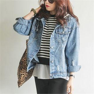 Contrast-hood Distressed Denim Jacket Blue - One Size