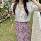 Short-sleeve Contrast Trim Blouse / High-waist Floral Printed Skirt