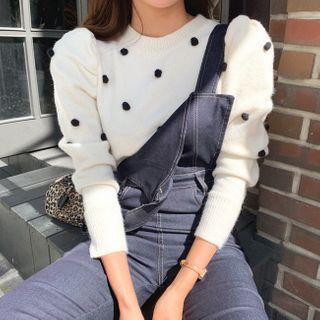 Puff-sleeve Pompom Detail Knit Top