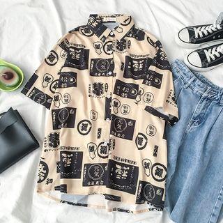 Short-sleeve Printed Shirt / Wide Leg Jeans