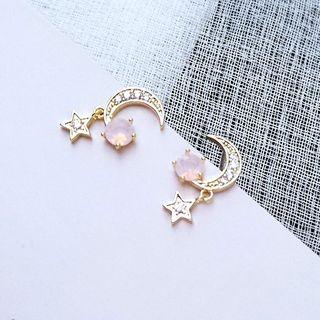 925 Sterling Silver Rhinestone Moon & Star Dangle Earring Gold - One Size