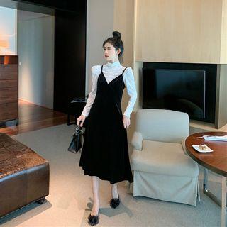 Mock-turtleneck Balloon-sleeve Lace Top /velvet Midi Pinafore Dress