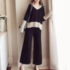 Set: V-neck Sweater + Knit Wide Leg Pants