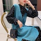 Set: Long-sleeve Midi Dotted Dress + Knit Vest