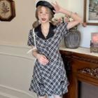 Short-sleeve Lapel Plaid Mini Dress