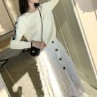 Patterned Sweater / Fringe A-line Midi Skirt