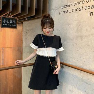 Short-sleeve Color Block Pleated Paneled Mini Dress