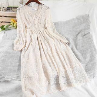 Long-sleeve V-neck Lace Midi A-line Dress