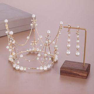 Faux Pearl Tiara / Dangle Earring Gold - One Size