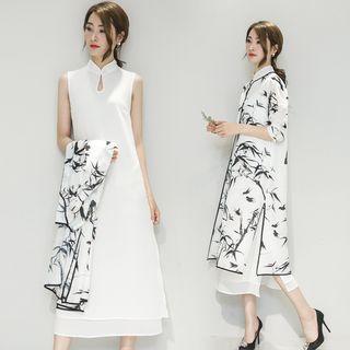 Set: Midi A-line Qipao Dress + 3/4-sleeve Print Jacket