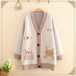 Contrast Trim Rabbit & Bear Knit Cardigan Gray - One Size
