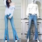 Off-shoulder Blouse / Slit-front Skinny Jeans