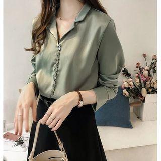 Plaid V-neck Long Sleeve Blouse