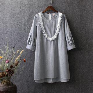 Frill Trim Striped Elbow Sleeve Dress