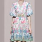 Elbow-sleeve V-neck Print Mini A-line Dress