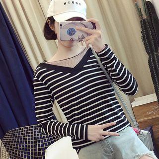 Long-sleeve Mesh Paneled Striped T-shirt