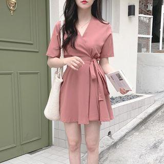 Plain Elbow-sleeve A-line Mini Dress