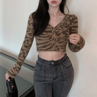 Long-sleeve Print Button-up Cropped Knit Top Coffee - One Size