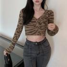 Long-sleeve Print Button-up Cropped Knit Top Coffee - One Size