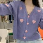 Long-sleeve Heart Embroidered Cardigan Purple - One Size