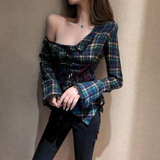 Off-shoulder Long-sleeve Plaid Top