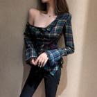 Off-shoulder Long-sleeve Plaid Top