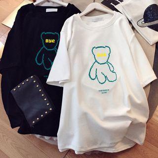 Elbow-sleeve Crew Neck Bear Print Long T-shirt