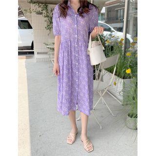 Button-through Shirred Floral Dress Purple - One Size