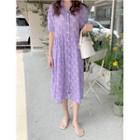 Button-through Shirred Floral Dress Purple - One Size