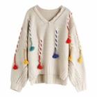V-neck Sweater Multicolor Tassel - Almond - One Size