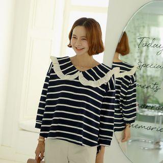 Wide-collar Frilled Striped Top