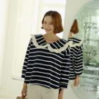 Wide-collar Frilled Striped Top