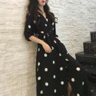 Elbow-sleeve Dotted A-line Midi Dress White Dots - Black - One Size