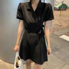 Short-sleeve Wrap A-line Mini Dress Black - One Size