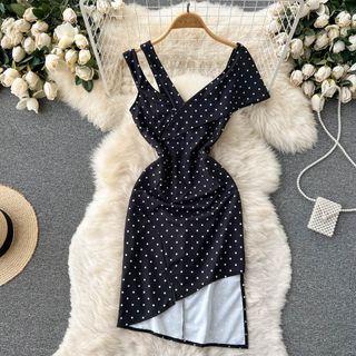 Short-sleeve Asymmetrical Dotted Mini Sheath Dress