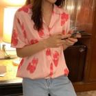 Picture Printed Short-sleeve Blouse Pink - One Size