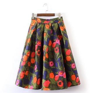 Floral Pleated A-line Midi Skirt