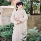Set: Puff-sleeve Midi A-line Lace Dress + Camisole Top