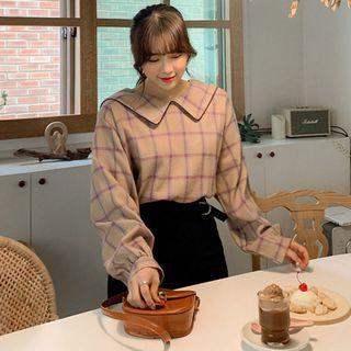 Plus Size Sailor-collar Piped Checked Blouse