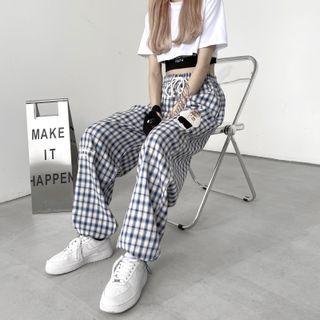Bear Embroidered Plaid Harem Pants