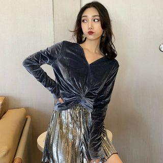 Long-sleeve Knot-detail Velvet T-shirt