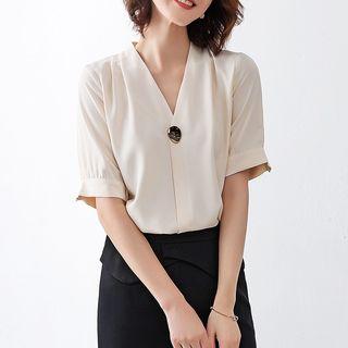 Short-sleeve V-neck Chiffon Blouse / Slit Pencil Skirt / Set