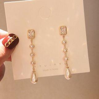 Rhinestone Faux Pearl Drop Earring 1 Pair - Drop Earring - Silver Pin - Faux Pearl - Long - Gold - One Size