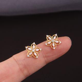 Rhinestone Flower Stud Earring With Case - 1 Pair - Gold - One Size