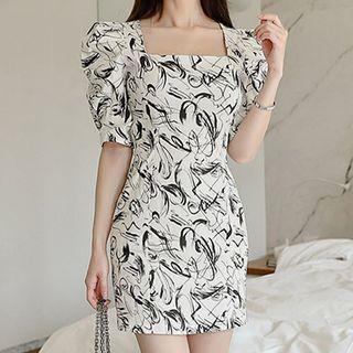 Printed Puff-sleeve Mini Sheath Dress