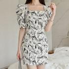 Printed Puff-sleeve Mini Sheath Dress
