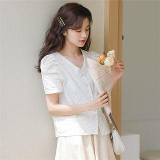 Puff-sleeve Floral V-neck Blouse