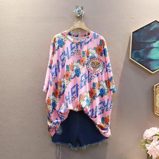 Short-sleeve Lettering Floral Print Tiger Embroidered T-shirt Pink - One Size