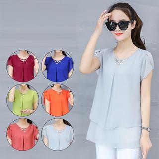 Short-sleeve Embellished Chiffon Top